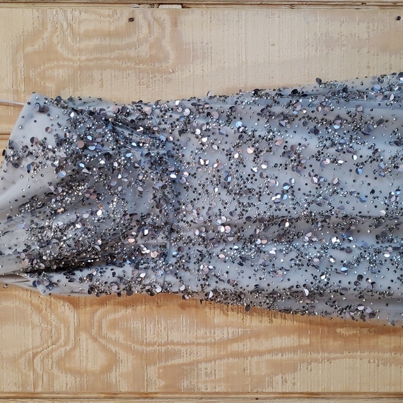 Park108 Silver Gray One Shoulder Sequin Illusion Chiffon Maxi Gown Dress Size 4 - Picture 3 of 9